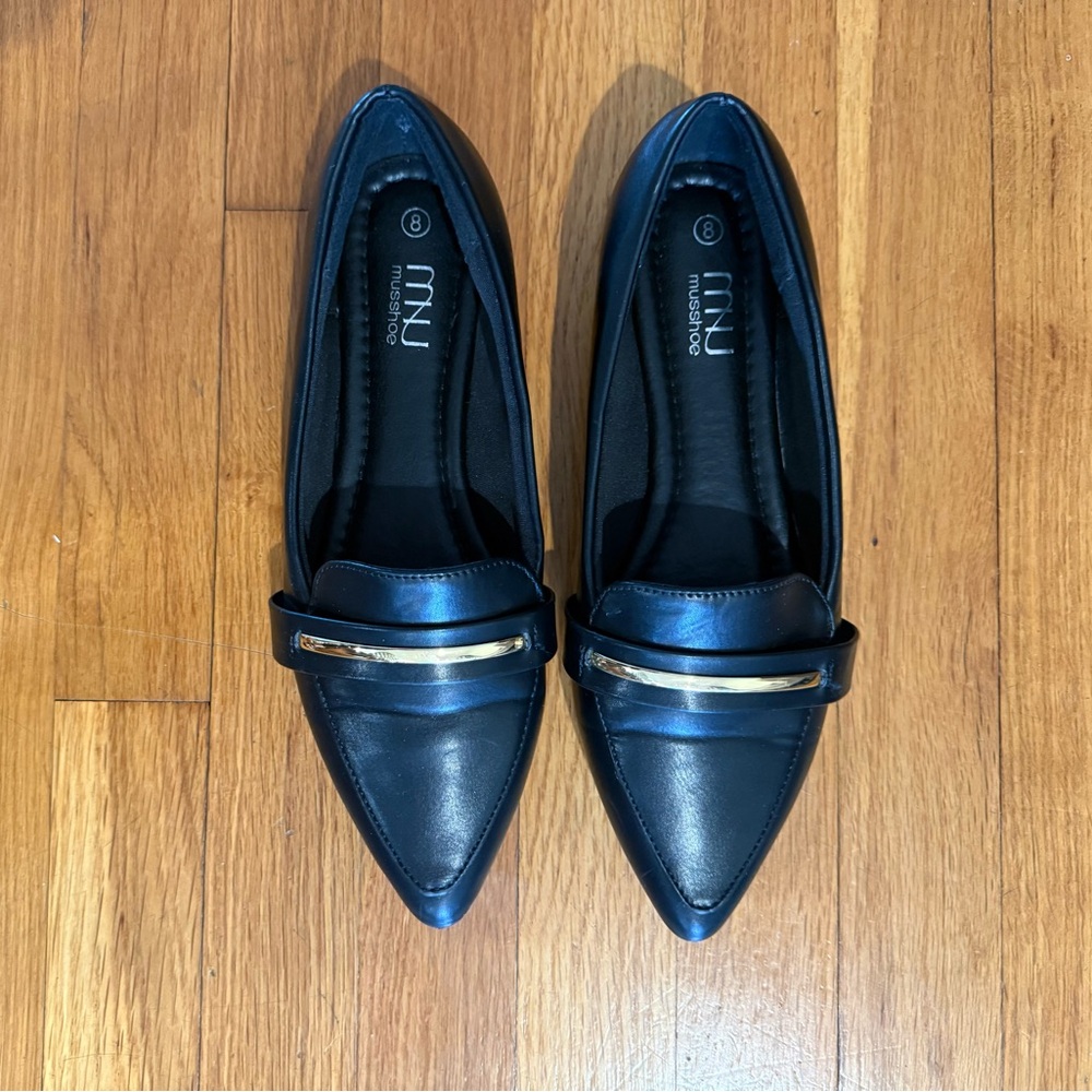 Black Pointy Toe Flats with Gold Accents